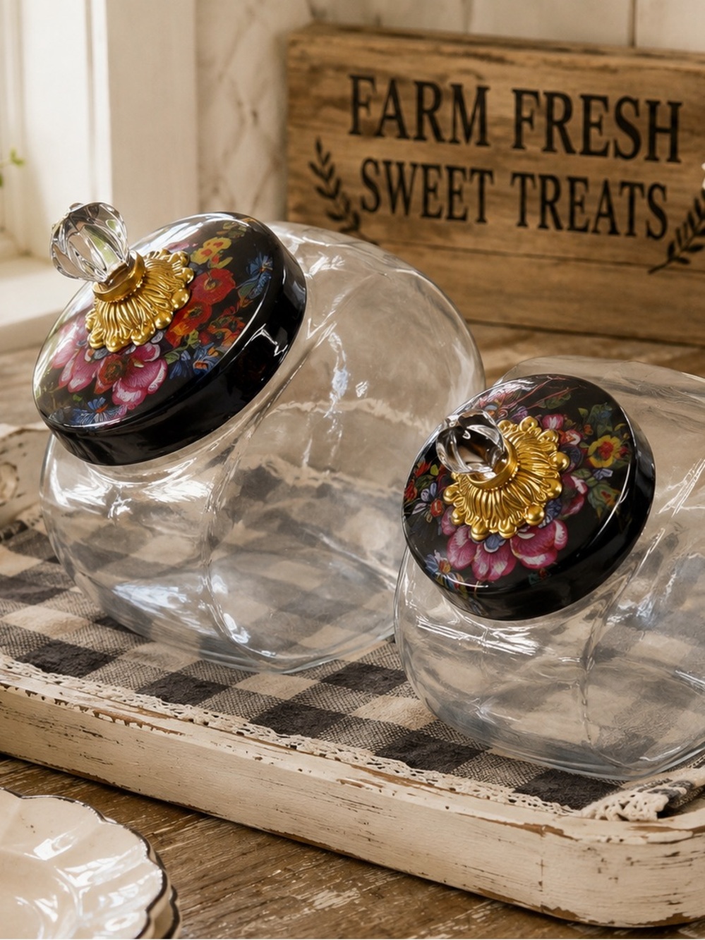 New MacKenzie-Childs Flower Market Glass Cookie & Candy Canisters (2)